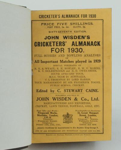 Wisden Cricketers’ Almanack 1930. 67th edition. Bound in dark brown boards, with original paper wrappers, title and date in gilt to spine, beautifully marbled page block edge. Wear to the head of the spine of the dark brown boards otherwise in very good c