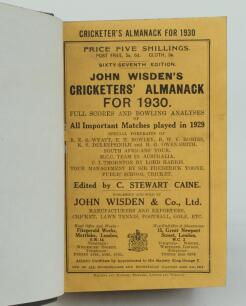 Wisden Cricketers’ Almanack 1930. 67th edition. Bound in dark brown boards, with original paper wrappers, title and date in gilt to spine, beautifully marbled page block edge. Wear to the head of the spine of the dark brown boards otherwise in very good c