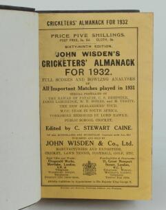 Wisden Cricketers’ Almanack 1932. 69th edition. Bound in dark brown boards, with original paper wrappers, title and date in gilt to spine, beautifully marbled page block edge. Very good condition