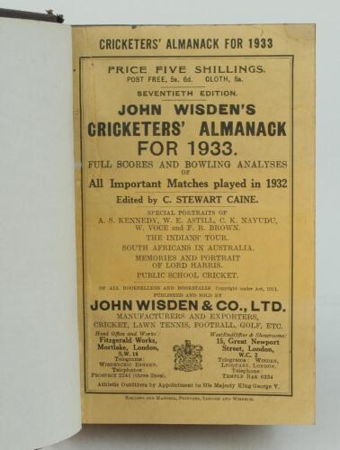 Wisden Cricketers’ Almanack 1933. 70th edition. Bound in dark brown boards, with original paper wrappers, title and date in gilt to spine, beautifully marbled page block edge. Odd very minor faults to wrappers otherwise in very good condition