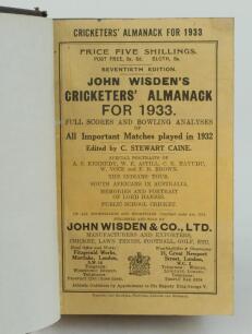 Wisden Cricketers’ Almanack 1933. 70th edition. Bound in dark brown boards, with original paper wrappers, title and date in gilt to spine, beautifully marbled page block edge. Odd very minor faults to wrappers otherwise in very good condition