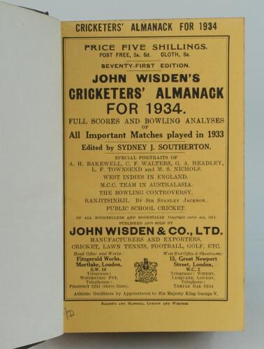 Wisden Cricketers’ Almanack 1934. 71st edition. Bound in dark brown boards, with original paper wrappers, title and date in gilt to spine, beautifully marbled page block edge. Very good condition