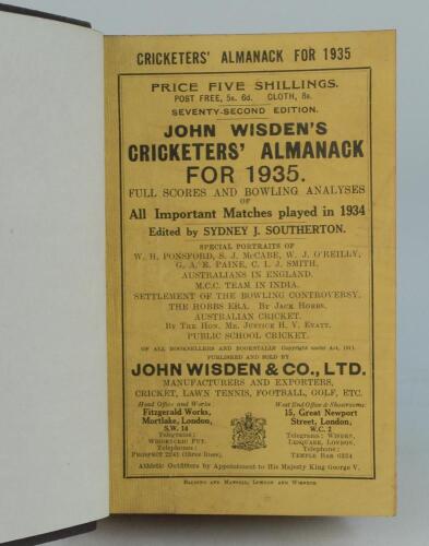 Wisden Cricketers’ Almanack 1935. 72nd edition. Bound in dark brown boards, with original paper wrappers, title and date in gilt to spine, beautifully marbled page block edge. Good/very good condition