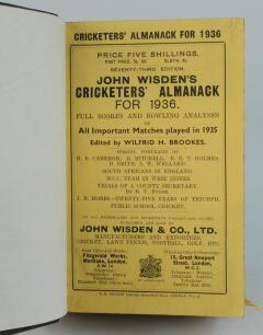 Wisden Cricketers’ Almanack 1936. 73rd edition. Bound in dark brown boards, with original paper wrappers, title and date in gilt to spine, beautifully marbled page block edge. Very good condition