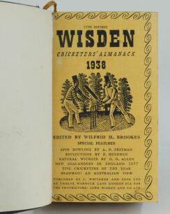 Wisden Cricketers’ Almanack 1938, 1939 and 1940. 75th, 76th & 77th editions. All three bound in dark brown boards, with original limp cloth covers, title and date in gilt to spine, beautifully marbled page block edge. Trimming a little tight to borders of