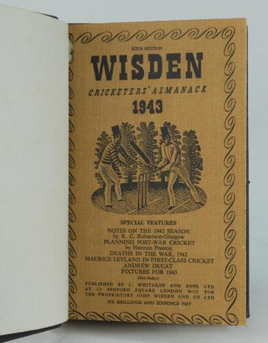 Wisden Cricketers’ Almanack 1943. 80th edition. Only 5600 paper copies printed in this war year. Bound in dark brown boards, with original paper wrappers, title and date in gilt to spine, beautifully marbled page block edge. Very good condition. Rare war