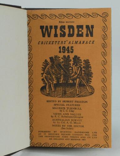 Wisden Cricketers’ Almanack 1945. 82nd edition. Only 5600 paper copies printed in this war year. Bound in dark brown boards, with original paper wrappers, title and date in gilt to spine, beautifully marbled page block edge. Very good condition. Rare war