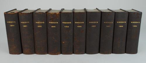 Wisden Cricketers’ Almanack 1950 to 1959. All ten editions bound in dark brown boards, with original cloth covers, title and date in gilt to spine. Staining to the covers of the 1951 edition and repaired front cover of the 1955 edition otherwise in good/v