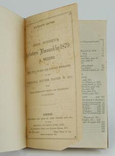 Wisden Cricketers’ Almanack 1879. 16th edition. Bound in brown boards, lacking original paper wrappers and four advertising pages at rear, with gilt titles to spine. Some foxing to the title page, trimming by the binder a little tight in places with minor