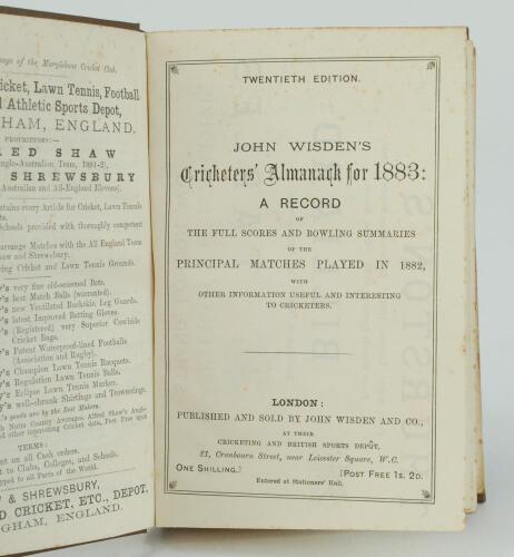 Wisden Cricketers’ Almanack 1883. 20th edition. Bound in brown boards, lacking original paper wrappers, with gilt titles to front board and spine. Trimming by the binder a little tight in places, slight breaking to page block in odd places otherwise in g