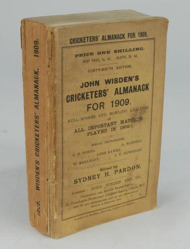 Wisden Cricketers’ Almanack 1909. 46th edition. Original paper wrappers. Some age toning and soiling to wrappers and spine paper, some breaking to spine block at the front of the book, some wear and very minor loss to the spine paper, odd faults otherwise