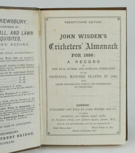 Wisden Cricketers’ Almanack 1886. 23rdd edition. Bound in brown boards, lacking original paper wrappers, with gilt titles to front board and spine. Lacking last two advertising pages, trimming by the binder a little tight in places with minor loss of text