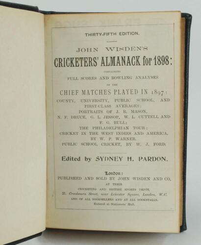 Wisden Cricketers’ Almanack 1898. 35th edition. Handsomely bound in full black leather, lacking original paper wrappers, with raised bands and title and date in gilt to spine. Lacking front and rear advertising pages otherwise in good/very good condition.