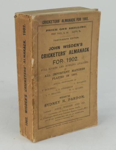 Wisden Cricketers’ Almanack 1902. 39th edition. Original paper wrappers. Some wear to wrapper and spine extremities, detached photographic plate otherwise in good+ condition