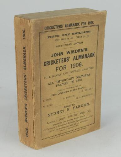 Wisden Cricketers’ Almanack 1906. 43rd edition. Original paper wrappers. Some age toning to wrappers and spine paper, slight splitting to front wrapper at spine edge otherwise in very good condition