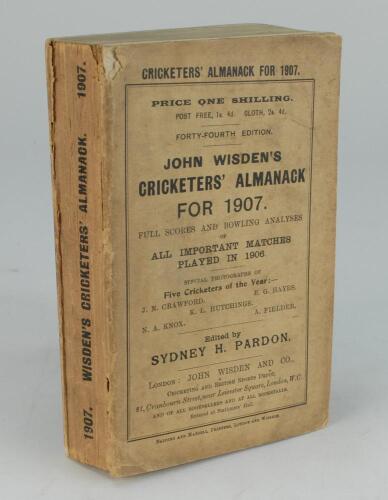 Wisden Cricketers’ Almanack 1907. 44th edition. Original paper wrappers. Some age toning to wrappers and spine paper, small loss to the top left hand corner of the front wrapper, some breaking to spine block, some wear and loss to spine paper, breaking to