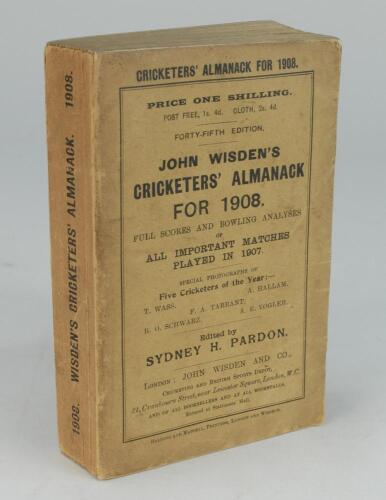 Wisden Cricketers’ Almanack 1908. 45th edition. Original paper wrappers. Some age toning to wrappers and spine paper, minor wear and very minor loss to bottom left hand corner of the rear wrapper otherwise in very good condition