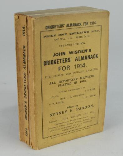 Wisden Cricketers’ Almanack 1914. 51st edition. Original paper wrappers. Age toning to wrappers and spine paper, stain to rear wrapper, slight bowing to spine, some breaking to spine block, broken internal hinge otherwise in good condition