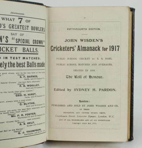 Wisden Cricketers’ Almanack 1917. 54th edition. Handsomely bound in full black leather, lacking original paper wrappers, raised bands and title and date in gilt to spine. Good/very good condition. Handwritten name of ownership and date ‘1966’ to the front