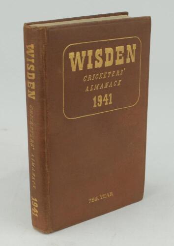 Wisden Cricketers&rsquo; Almanack 1941. 78th edition. Original hardback. Only 800 hardback copies were printed in this war year. Re-gilding to gilt titles and date on front board and spine, some wrinkling to odd internal pages, one causing slight loss of test t