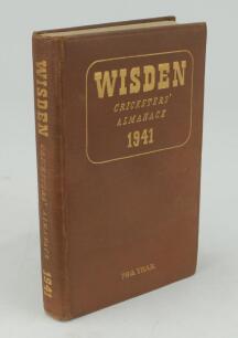 Wisden Cricketers’ Almanack 1941. 78th edition. Original hardback. Only 800 hardback copies were printed in this war year. Re-gilding to gilt titles and date on front board and spine, some wrinkling to odd internal pages, one causing slight loss of test t