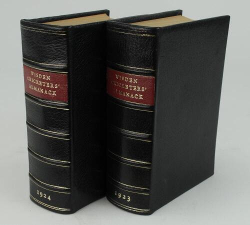Wisden Cricketers&rsquo; Almanack 1923 and 1924. 60th & 61st editions. Both editions handsomely bound in full black leather, lacking original paper wrappers, raised bands and title and date in gilt to spine. Good/very good condition. Handwritten name of ownersh