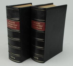 Wisden Cricketers’ Almanack 1923 and 1924. 60th & 61st editions. Both editions handsomely bound in full black leather, lacking original paper wrappers, raised bands and title and date in gilt to spine. Good/very good condition. Handwritten name of ownersh