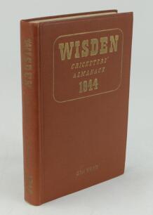 Wisden Cricketers’ Almanack 1944. 81st edition. Original hardback. Only 1500 hardback copies were printed in this war year. Dulling to gilt titles on the spine paper, slight dulling to gilt titles on the front board otherwise in good/very good condition. 