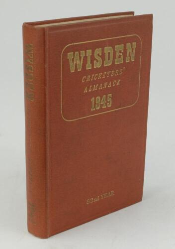 Wisden Cricketers&rsquo; Almanack 1945. 82nd edition. Original hardback. Only 1500 hardback copies were printed in this war year. Slight dulling to the gilt titles on the spine paper, small nick to the inside of the rear board otherwise in good/very good condit