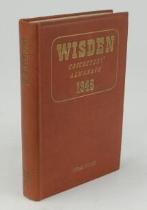 Wisden Cricketers’ Almanack 1945. 82nd edition. Original hardback. Only 1500 hardback copies were printed in this war year. Slight dulling to the gilt titles on the spine paper, small nick to the inside of the rear board otherwise in good/very good condit