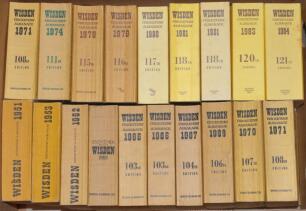 Wisden Cricketers’ Almanack 1951, 1953, 1962, 1963, 1966 (2), 1967, 1969, 1970, 1971 (2), 1974, 1978, 1979,1980, 1981 (2), 1983, 1984 (2), 1985, 1986 (3), 1987, 1989, 1995, 1996, 1999, 2000, 2004 and 2005. Original limp cloth covers. Slight bowing to a le