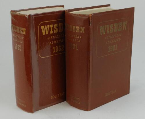 Wisden Cricketers&rsquo; Almanack 1961 and 1962. Original hardback editions. The 1961 edition with tear to head of spine where it meets the front board, broken front internal hinges, the boards of the 1962 edition covered in a plastic protective film, not remov