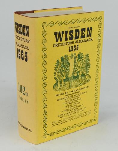 Wisden Cricketers&rsquo; Almanack 1965. Original hardback with dustwrapper. Minor mark and some print loss to the centre of the front of the dustwrapper, slight age toning to dustwrapper spine otherwise in good/very good condition