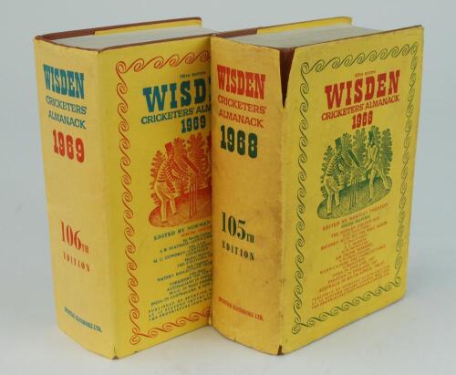 Wisden Cricketers&rsquo; Almanack 1968 and 1969. Original hardback editions with dustwrapper. Both editions with slight age toning to dustwrapper spine. The 1968 edition with worn and soiled dustwrapper, nicks and tear to edges, some soiling to page block edge 
