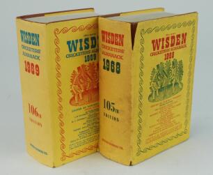 Wisden Cricketers’ Almanack 1968 and 1969. Original hardback editions with dustwrapper. Both editions with slight age toning to dustwrapper spine. The 1968 edition with worn and soiled dustwrapper, nicks and tear to edges, some soiling to page block edge 