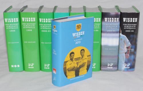 Wisden Cricketers&rsquo; Almanack- Australia 1998 - 2005/6. 1st to 8th Editions. Original hardbacks with dust wrappers. Sold with a first edition Wisden India 2013 with dustwrapper. Very slight fading to the spine of the dustwrapper of the 1998 Australia editi