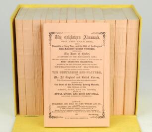 Wisden Cricketers’ Almanack 1864-1878. Fifteen facsimile editions, with pink wrappers, second facsimile edition printed by Lowe & Brydone Ltd, London 1974. Limited edition. Good condition. In original yellow box with title to side. Good condition