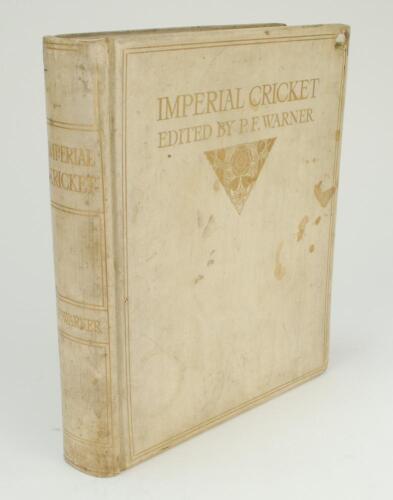 &lsquo;Imperial Cricket&rsquo;. P.F. Warner. London 1912. Large &lsquo;Limited Edition de Luxe&rsquo; issue of 100 copies, this being no. 95. Original full vellum covers, all edges gilt. Beautifully signed by Warner to title page &lsquo;Pelham F. Warner&rsquo;. Subscriber 95 appears to be 