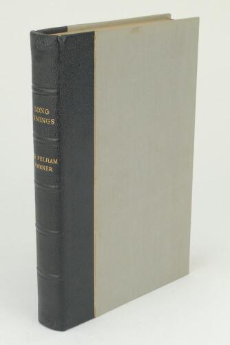 &lsquo;Long Innings- The Autobiography&rsquo;. Sir Pelham Warner. London 1951. Quarter leather. Gilt to top edges, other pages uncut. Limited edition of 260, this being number 22. Signed in ink by Warner. Name of ownership and date &lsquo;1961&rsquo; handwritten to the inside of