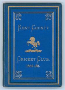 Kent County Cricket Club Annual 1882-1883. Hardback ‘blue book’. Original decorative boards. Gilt titles and to all page edges with gilt Kent emblem to centre. Printed by Cross & Jackman, ‘The Canterbury Press’ 1883. Broken front and rear internal hinges,