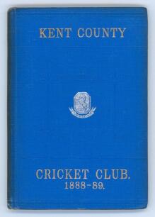 Kent County Cricket Club Annual 1888-1889. Hardback ‘blue book’. Original decorative boards. Gilt titles with silver gilt Kent emblem to centre. Printed by J. Burgiss-Brown, Maidstone 1889. Minor wear and slight darkening to board extremities, slight fadi