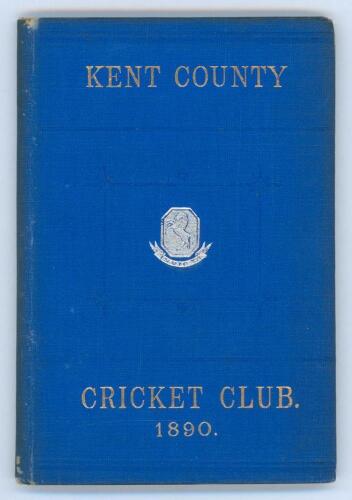 Kent County Cricket Club Annual 1890. Hardback &lsquo;blue book&rsquo;. Original decorative boards. Gilt titles with silver gilt Kent emblem to centre. Printed by J. Burgiss-Brown, Maidstone 1890. Minor wear and slight darkening to board extremities, slight fading an