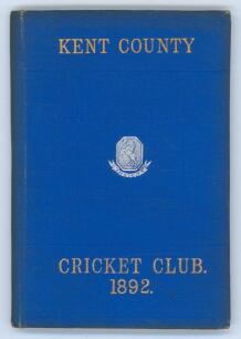 Kent County Cricket Club Annual 1892. Hardback ‘blue book’. Original decorative boards. Gilt titles and to all page edges with silver gilt Kent emblem to centre. Printed by J. Burgiss-Brown, Maidstone 1892. Minor wear and slight darkening to board extremi