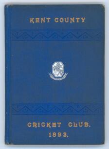 Kent County Cricket Club Annual 1893. Hardback ‘blue book’. Original decorative boards. Gilt titles and to all page edges with silver gilt Kent emblem to centre. Printed by J. Burgiss-Brown, Maidstone 1893. Minor age toning to boards and spine otherwise i