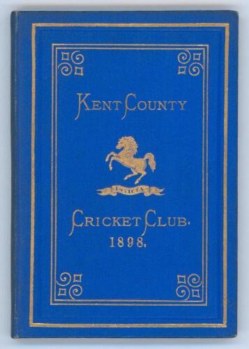 Kent County Cricket Club Annual 1898. Hardback ‘blue book’. Original decorative boards. Gilt titles and to all page edges with gilt Kent emblem to centre. Printed by Cross & Jackman, ‘The Canterbury Press’ 1898. Minor age toning to boards and spine otherw