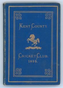 Kent County Cricket Club Annual 1899. Hardback ‘blue book’. Original decorative boards. Gilt titles and to all page edges with gilt Kent emblem to centre. Printed by Cross & Jackman, ‘The Canterbury Press’ 1899. Some wear and age toning to boards and spin