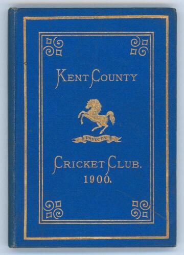 Kent County Cricket Club Annual 1900. Hardback ‘blue book’. Original decorative boards. Gilt titles and to all page edges with gilt Kent emblem to centre. Printed by Cross & Jackman, ‘The Canterbury Press’ 1900. Minor age toning to boards and spine otherw