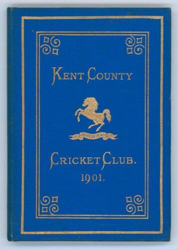 Kent County Cricket Club Annual 1901. Hardback ‘blue book’. Original decorative boards. Gilt titles and to all page edges with gilt Kent emblem to centre. Printed by Cross & Jackman, ‘The Canterbury Press’ 1901. Minor age toning to front board, some stain