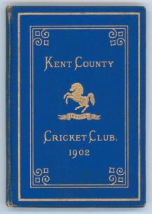 Kent County Cricket Club Annual 1902. Hardback ‘blue book’. Original decorative boards. Gilt titles and to all page edges with gilt Kent emblem to centre. Printed by the Kentish Express (Igglesdon & Co) of Ashford 1902. Minor age toning to boards, some fa