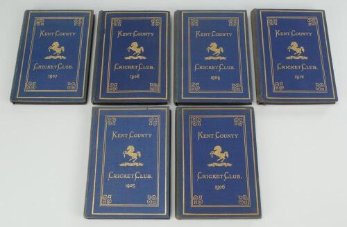 Kent County Cricket Club Annual 1905-1910. Six editions of the hardback ‘blue book’. Original decorative boards. Gilt titles and to page edges with gilt Kent emblem to centre. ‘Light’ fading to spines, odd minor faults otherwise in good/ very good conditi